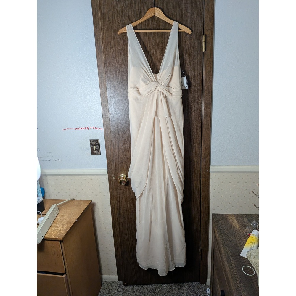 White By Vera Wang Illusion Elegant Cream Chiffon V-Neck Evening Dress - Picture 3 of 4